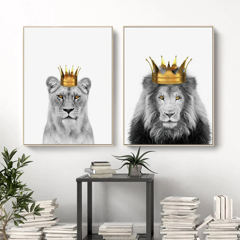 

Lion and Lioness with Crown Canvas Poster Grassland King Animal Wall Art Print Painting Nursery Wall Art Picture for Living Room