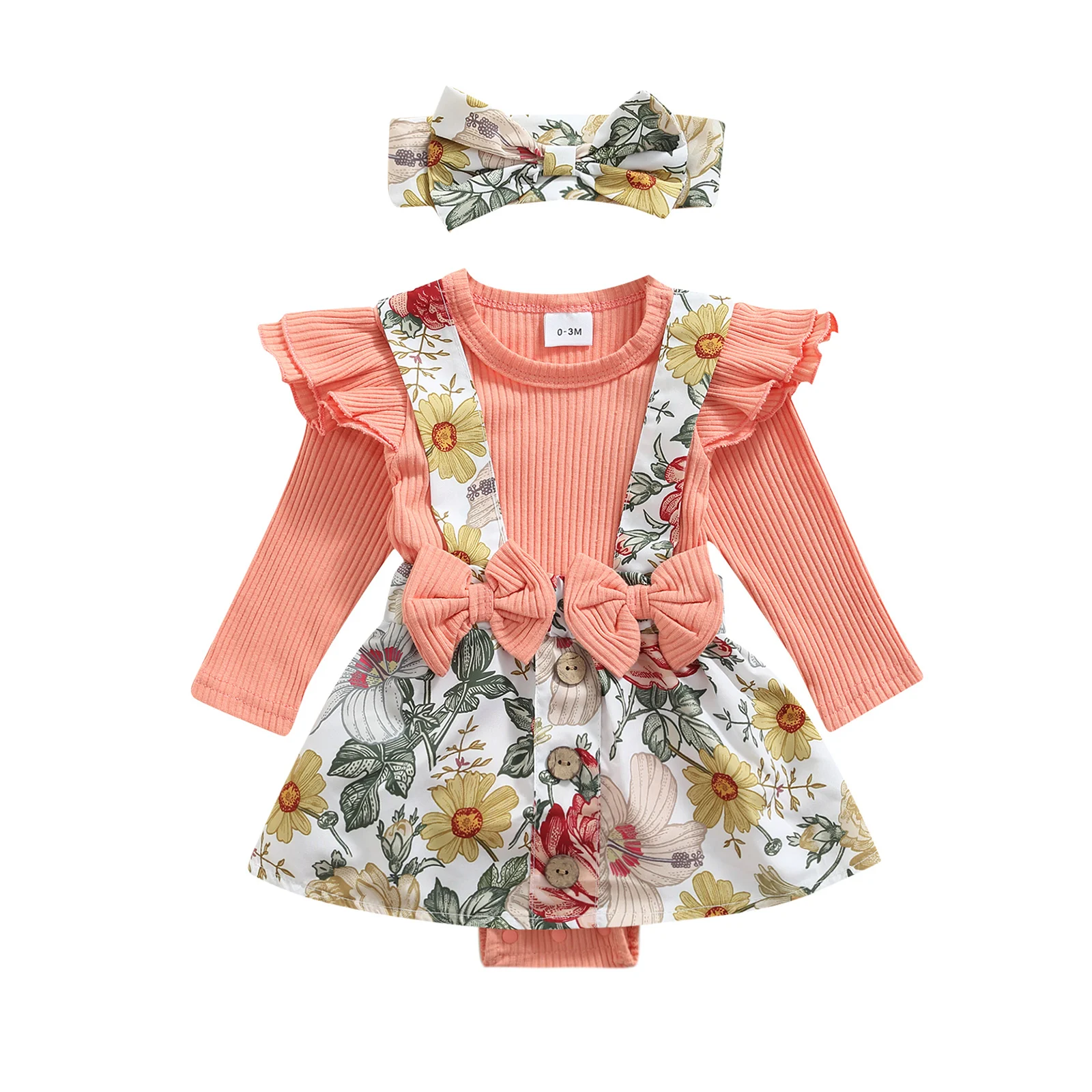 

Newborn Infant Baby's Clothes Romper Long Sleeve Round Neck Ruffle Floral Print Bowknot Jumpsuit For Casual Party Streetwear