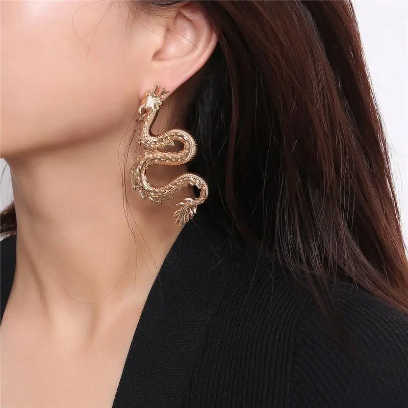 1 Pair New Personality Women's Earrings Gold Silver Color Dragon Geometric Stud For Wife Jewelry Gift 70mm x 20mm | Украшения и