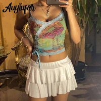 auyiufar grunge fairycore cute y2k sleeveless camisole lace printing cropped elfcore sexy top aesthetic retro summer outfits hot