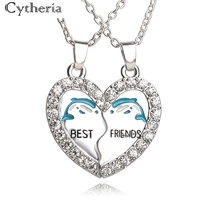 blue dolphin bff necklace best friends necklaces rhinestone heart 2pcs animal crystal necklace for bestfriend friendship forever
