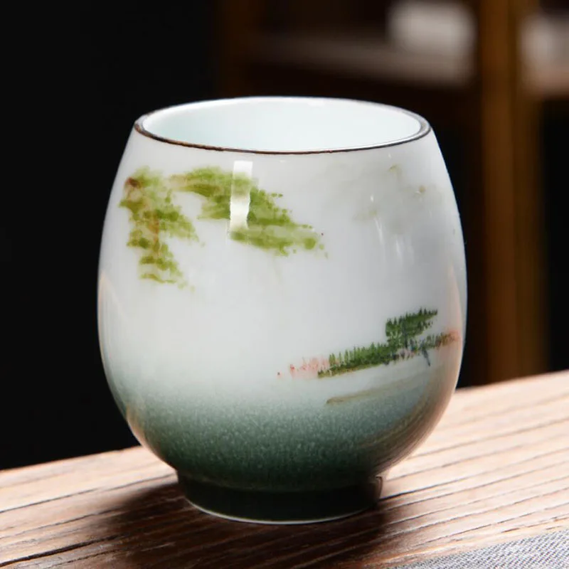 

2pcs/set Porcelain Tea Cup Kungfu Single Cup with Scenery Pattern Kitchen Drinking Teaware Chinese Style Tea Ceremony