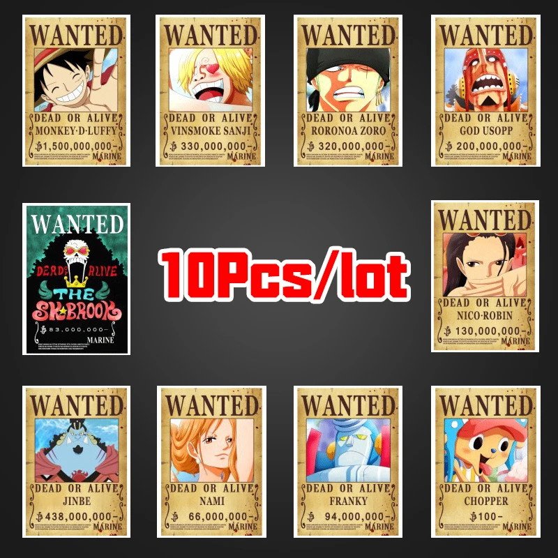

10Pcs Pack Anime One Piece Bounty Poster Wanted Lot Set Chamber Zoro Luffy Wall Decoration Cartoons Paintings Stickers Toys
