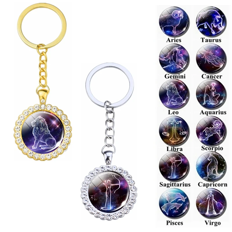

New 12Constellation Glass Keychain Fashion Rhinestone Keychain Pendant Silver/gold Plated Zodiac Carkeyring Jewelry Birthdaygift