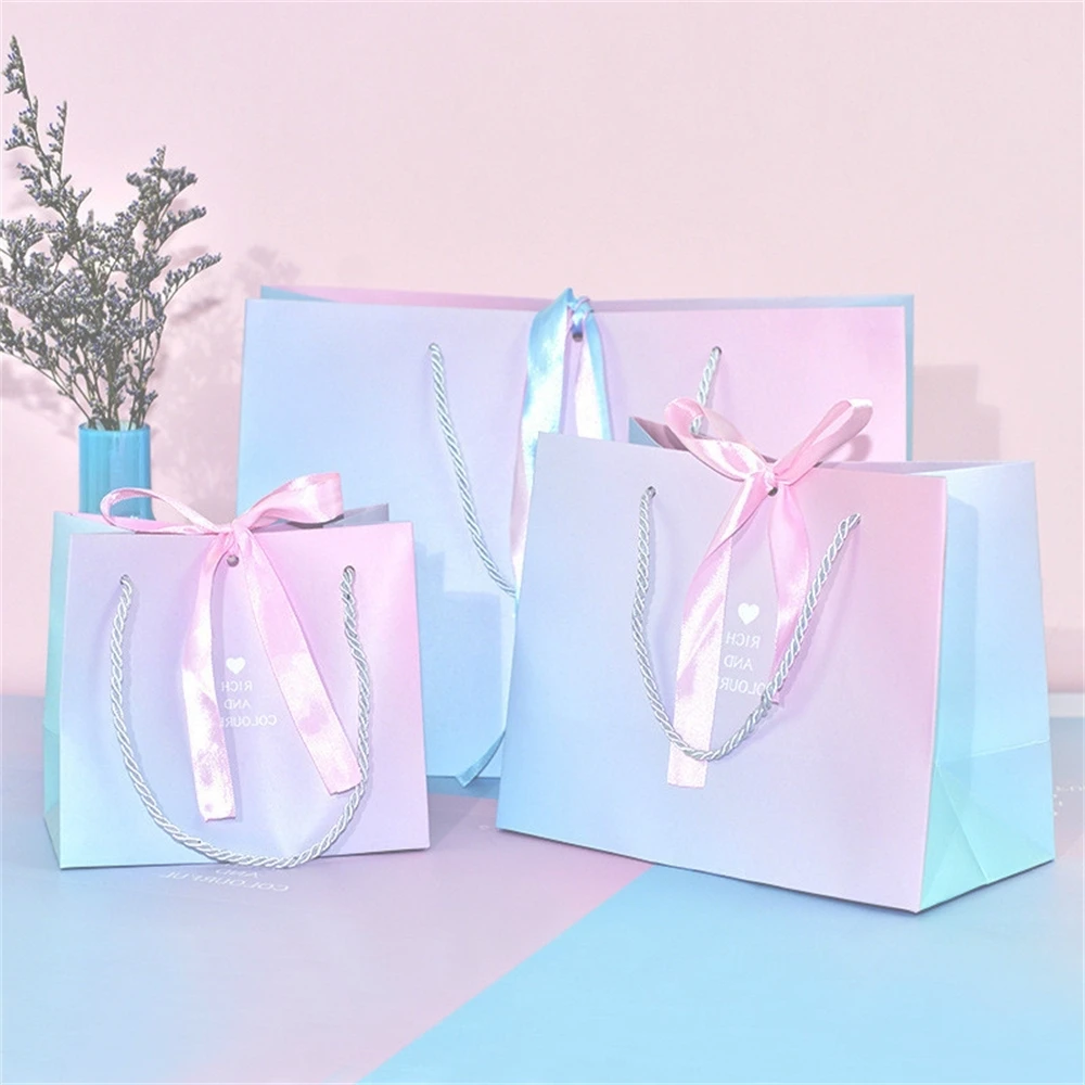 

Paper Bag Boutique Party Gift Box Pink Blue Color with Ribbon 10 pcs L1