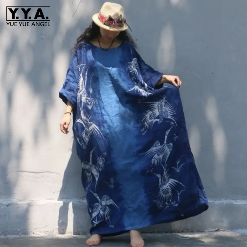 Женское платье-макси из хлопка и льна Длинное свободное платье-халат ручной