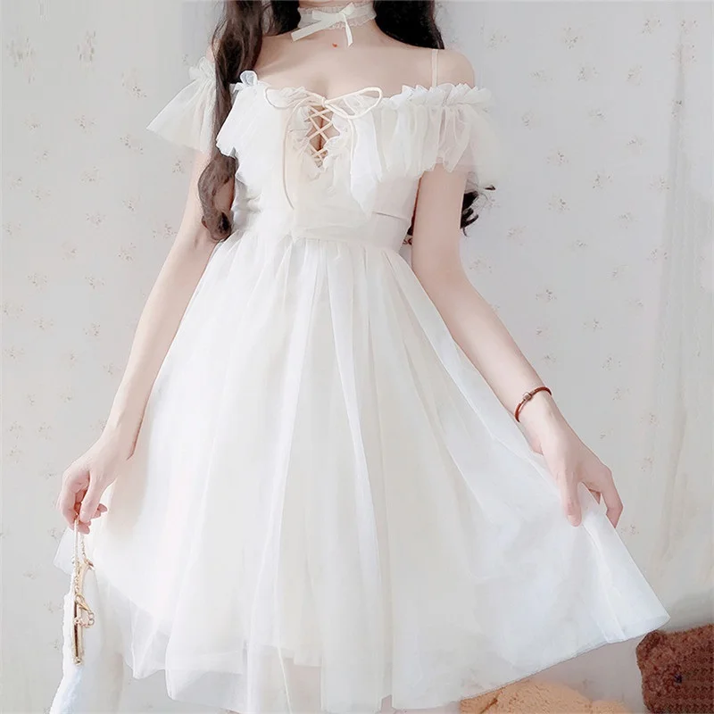 

2022 Summer Women Sexy V-neck Off Shoulder Slip Dress Mesh Hollow Out Ruffles Apricot Mini Dress Kawaii Tulle Club Party Dresses