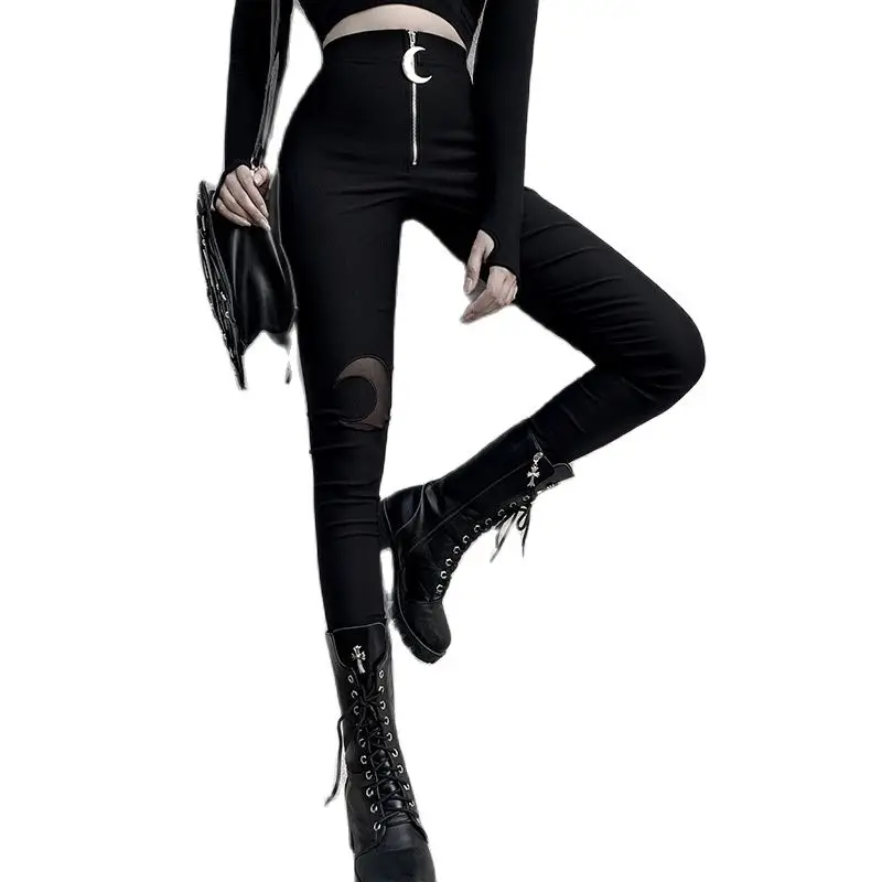 

High waist skinny feet casual trousers ins crescent-shaped zipper decoration black tights