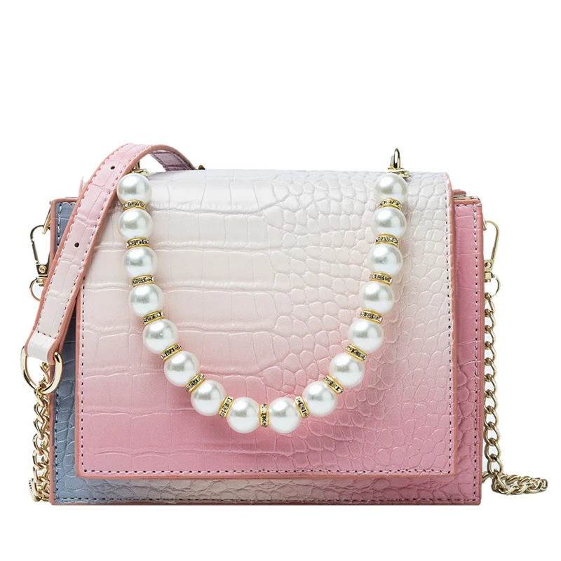 

SWDF Crocodile pattern Pearl Tote bag 2021 Summer Quality PU Leather Women's Designer Handbag Gradient Shoulder Messenger Bag