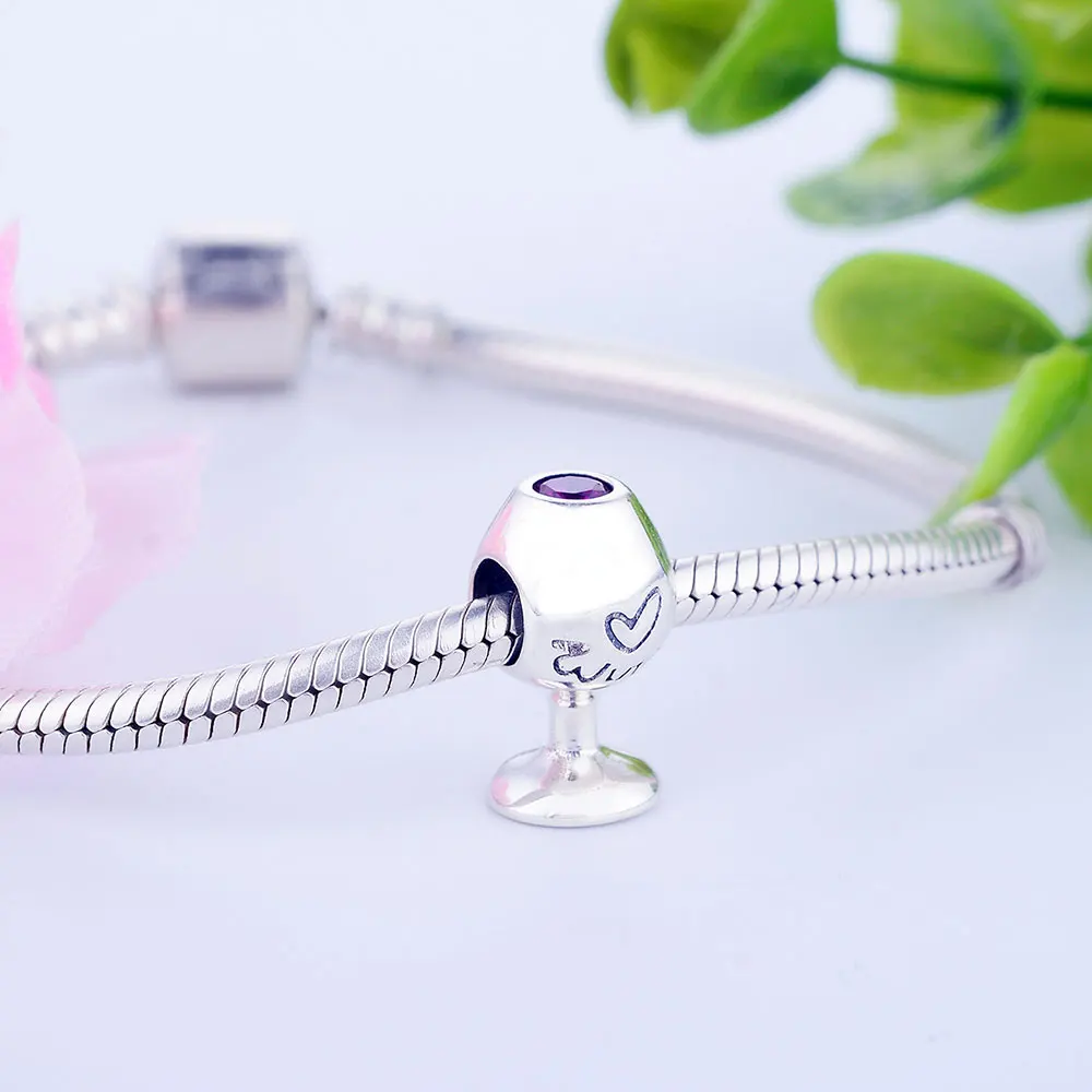 Мода новый 925 пробы серебро Вино Кубок сердце Очаровательные бусы с красными ЧР