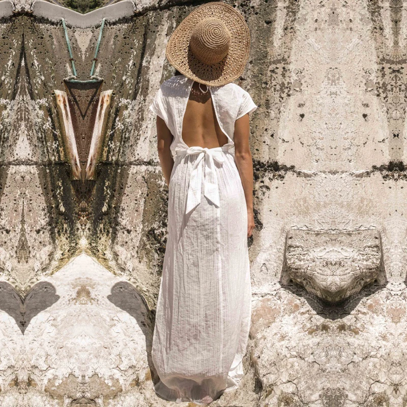 Женское пляжное платье с V образным вырезом белое богемное длинное открытой