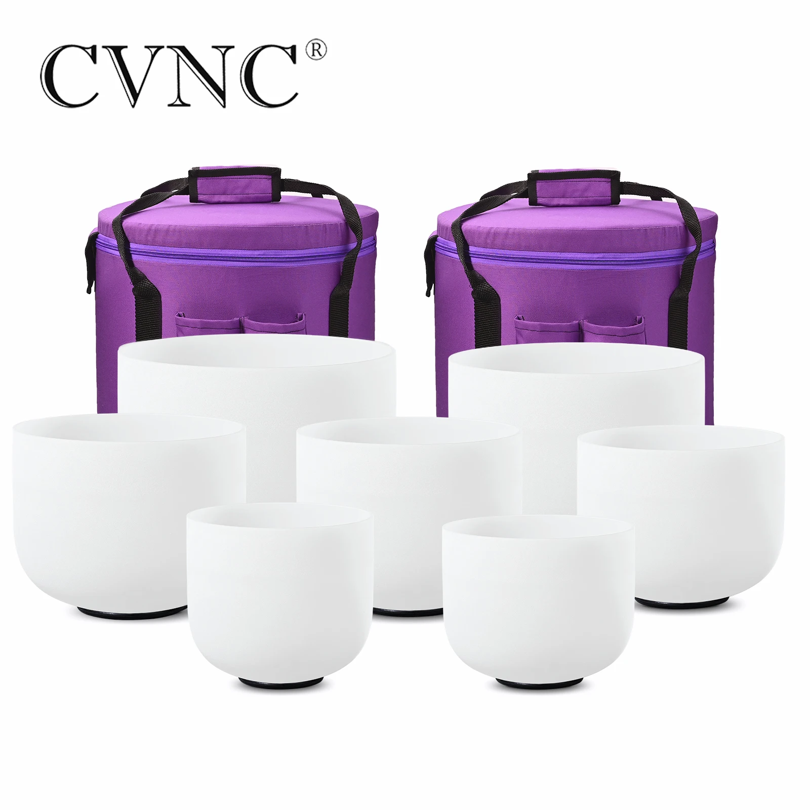 

CVNC Perfect Pitch Chakra set of 7 PCS 8"-14" Frosted Quartz Crystal Singing Bowls 432Hz with free 13" and 14" carry bags