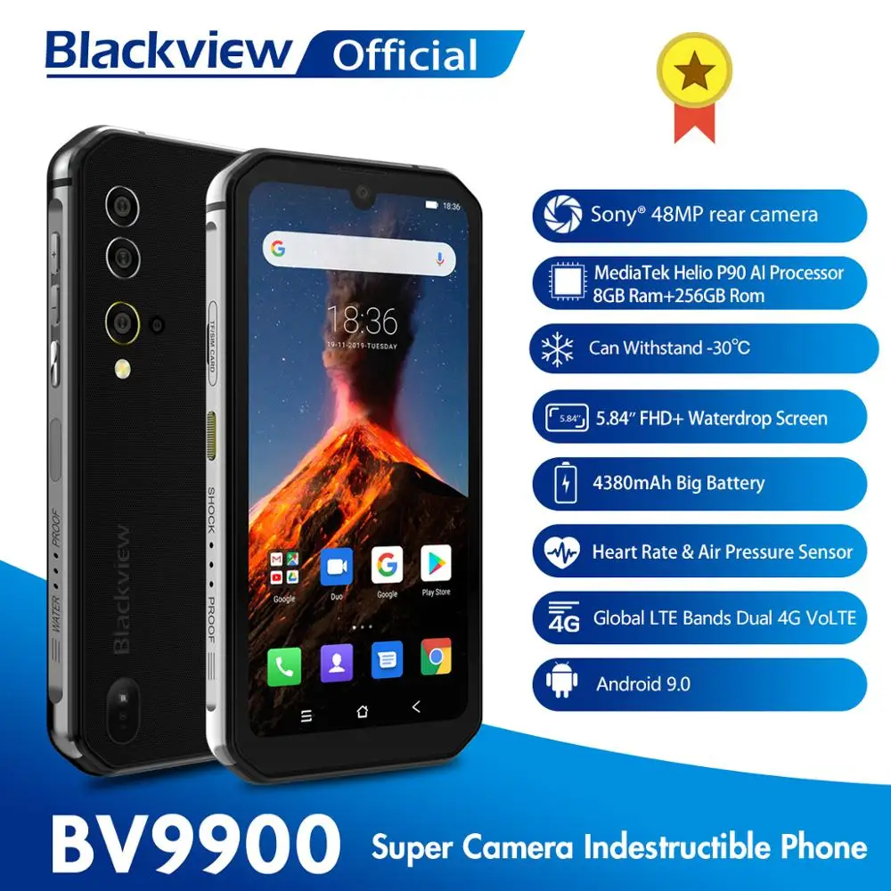 

Blackview BV9900 Helio P90 Восьмиядерный 8 ГБ + 256 ГБ IP68 Прочный мобильный телефон Android 9.0 48MP Четырехъядерный смартфон с задней камерой NFC