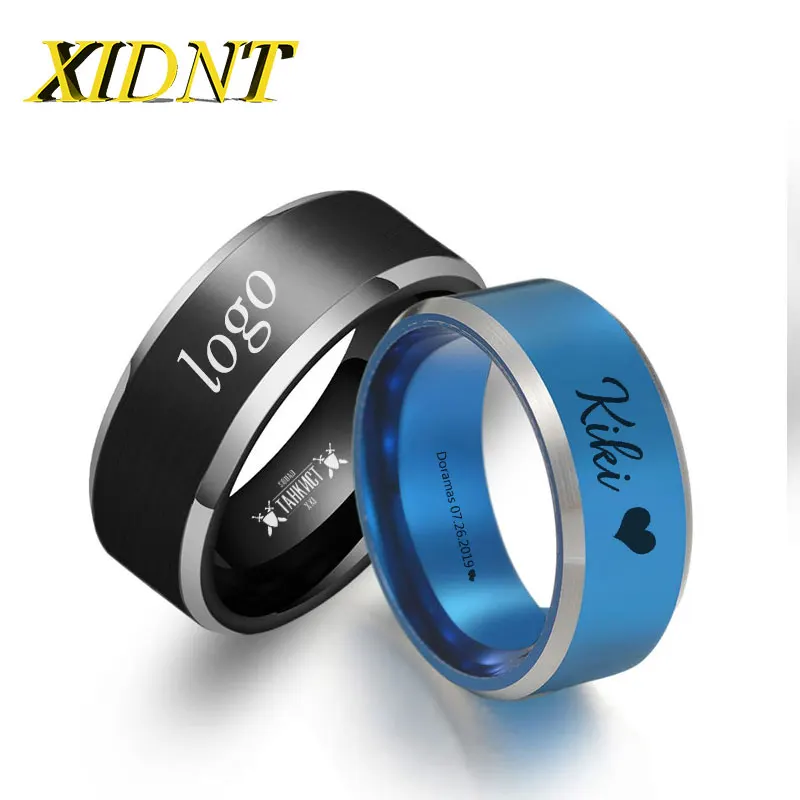

XIDNT 8MM Blue Black Men's Ring Personalized Custom Logo Name Stainless Steel Fashion Simple Jewelry Anniversary Gift Never Fade