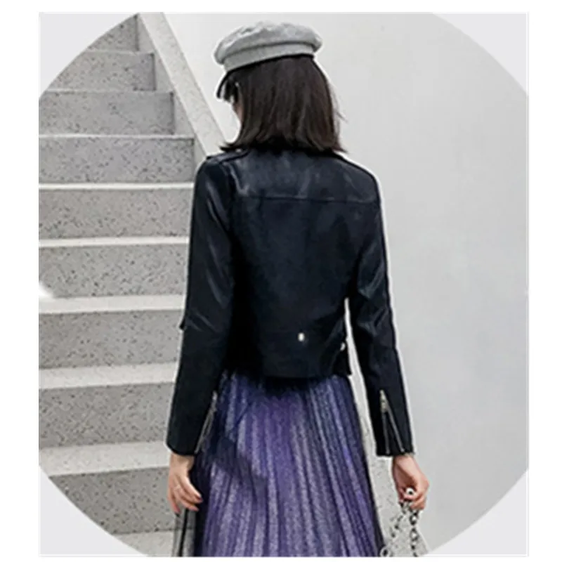 2021 Womens Spring Autumn PU Leather Jacket Short Korean Style Thin Locomotive Coat High Street Hipster Dating Sweet Cool Top