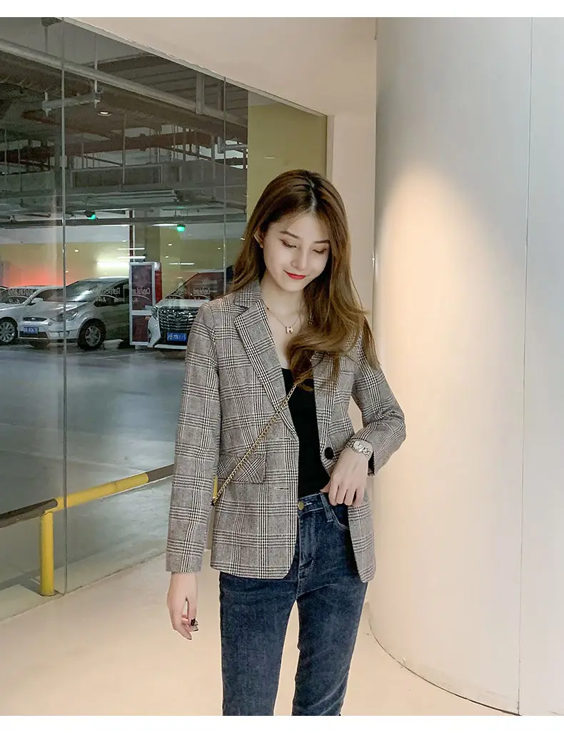 

2020 Elegant Vinatge Women Autumn Winter Plaid Jacket Female Blazer Formal Suit Coat Office Lady Slim Overcoat Feme Outerwear