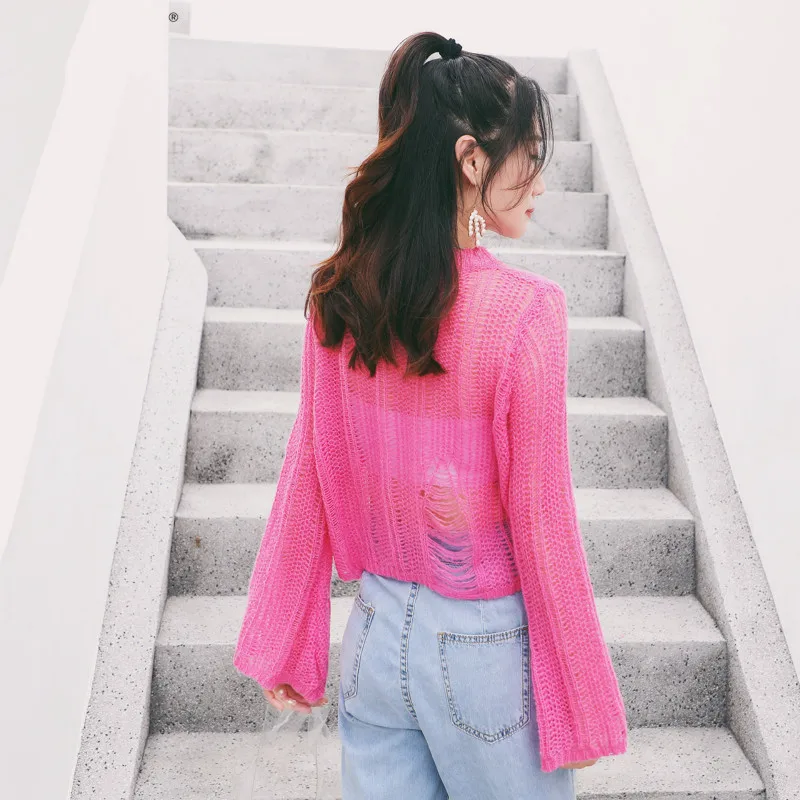 

Hollow Sweater Women Sweater Pullover Lantern Sleeve Women Autumn and Winter Sweater Round Neck Casual Ladies Pullover 2020