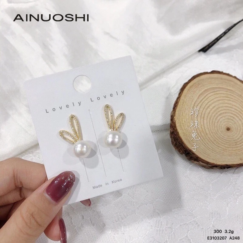 

Серьги-гвоздики AINUOSHI в Корейском стиле, серебро пробы, жемчуг, милые жемчужные серьги с кроличьими ушками для женщин, Модная бижутерия, ухо