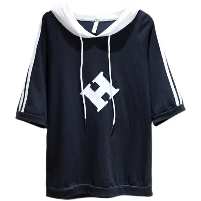 

2021 summer new cotton short sleeve hooded T-shirt women's loose large solid T-shirt white