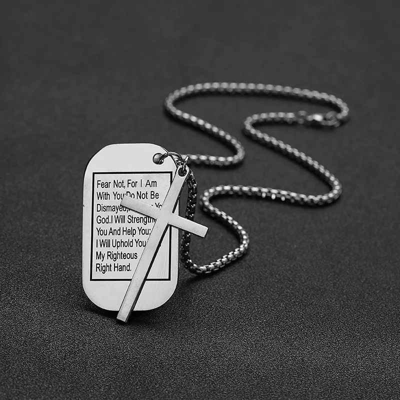 Military Style Dog Tags Cross Pendant Necklace Christian Lord's Prayer Bible Verse For Men Women Stainless Steel Charm Choker |
