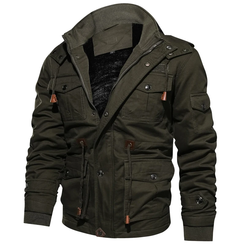 Winter Parkas Mens Casual Thick Warm Bomber Jacket Mens Outwear Fleece Hooded Multi-pocket Tactical Military Jackets Overcoat