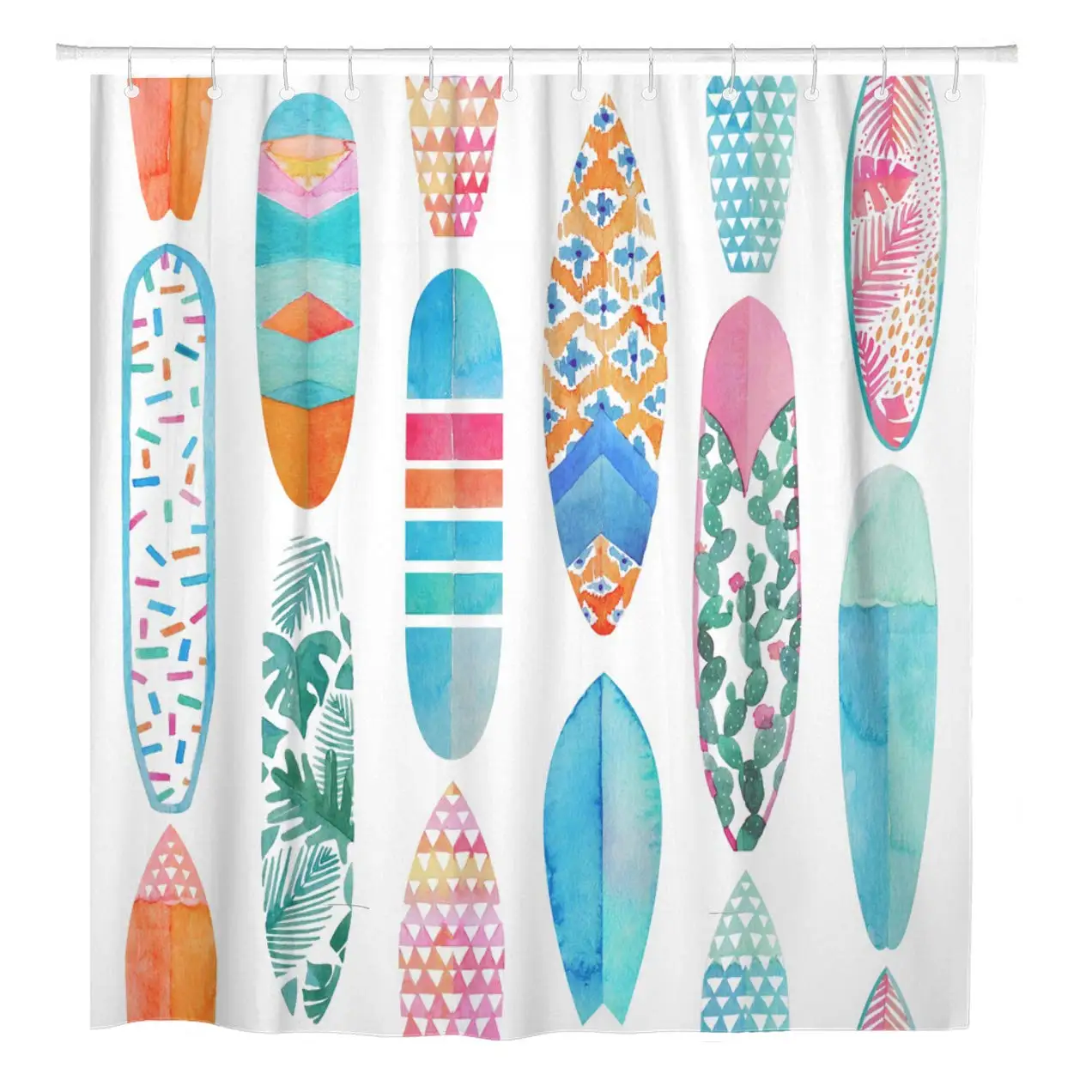 Blue Watercolor Surfboard Colorful Surfing Summertime in Watercolour Orange Shower Curtain Waterproof Polyester Fabric 72 x 78in