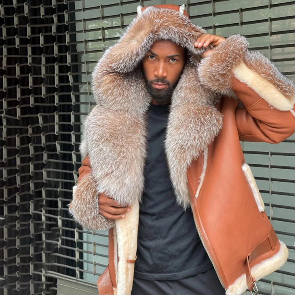 

2021 Autumn Winter New Casual Mens Leather Jacket Brown Fur Collar Hooded Thicken Warm Plus Velvet Long Sleeve Mens Leather PU