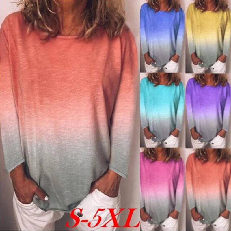 Новая женская футболка с длинным рукавом и круглым воротником градиентного