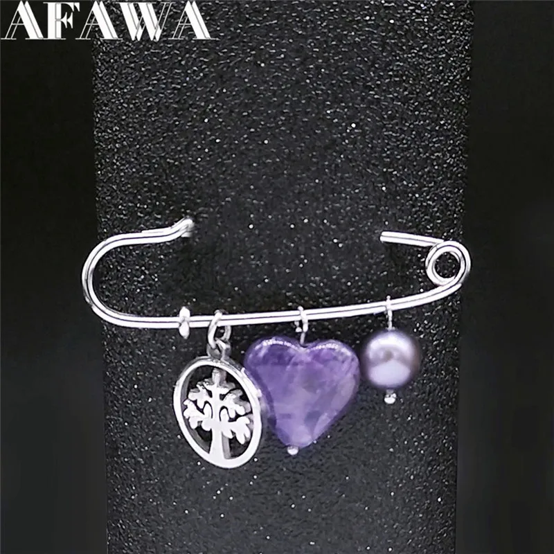 

2021 Tree of Life Stainless Steel Crystal Freshwater Pearls Purple Natural Brooches Women/Men Silver Color Jewelry broche XXS01