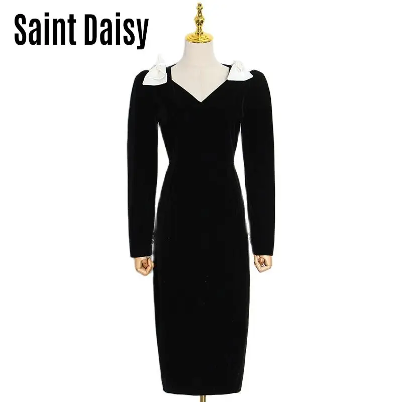 

Элегантное платье SaintDaisy во французском стиле, женское вечернее винтажное черное платье в стиле пэчворк для выпускного вечера, мода для свад...