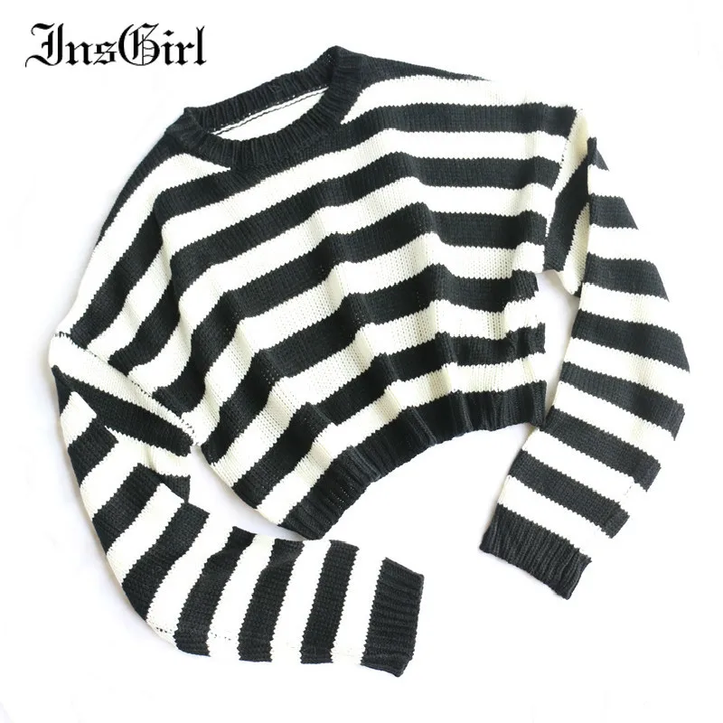 Женский винтажный Готический свитер в черно-белую полоску с длинным рукавом и