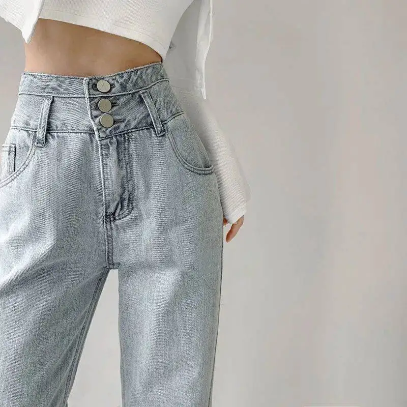 

Брюки женские прямые джинсы с завышенной талией, тонкие свободные штаны на осень и зиму, повседневные Модные брюки с разрезом для мам, джинс...