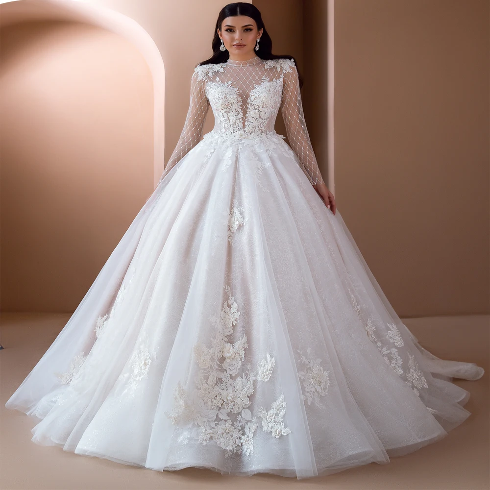 

Vestidos Elegant Tulle Wedding Dresses Satin Beading Appliques High-Neck Backless Ball Gown Bridal Gowns