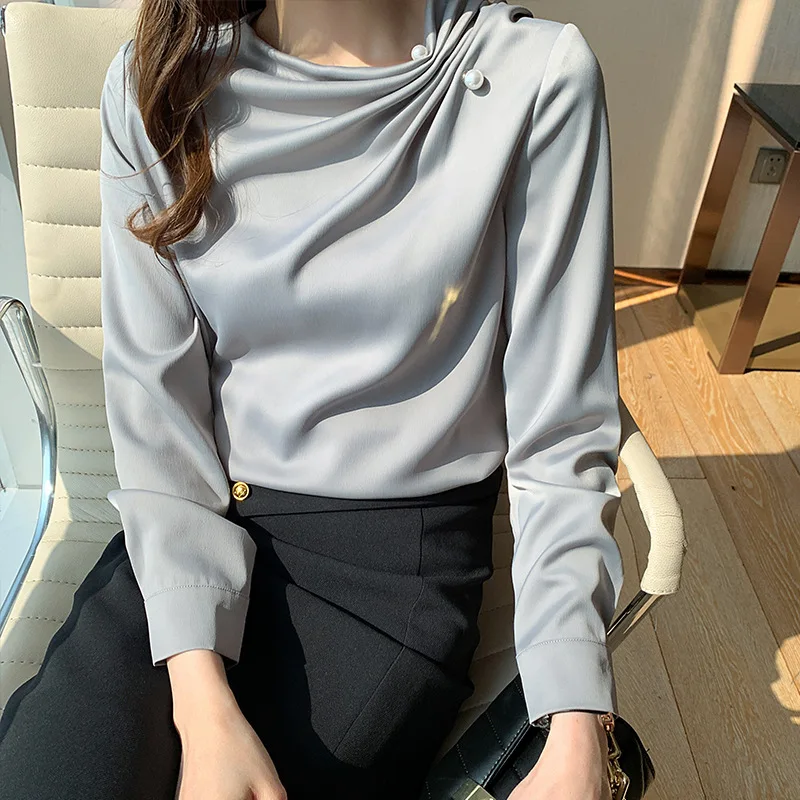 

Fashion 2021 Spring Summer Women Studded Pleated Chiffon Blouse Elegant Long-sleeved Office Lady Tops Shirt T073