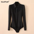 Черное Кружевное боди с отложным воротником, женская блузка с длинным рукавом и вырезами, Офисная Женская белая блузка