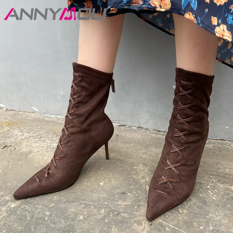 

ANNYMOLI High Heel Woman Boots Pointed Toe Ankle Boots Stiletto Heel Short Boots Zip Ladies Shoes Autumn Winter Brown Size 33-40