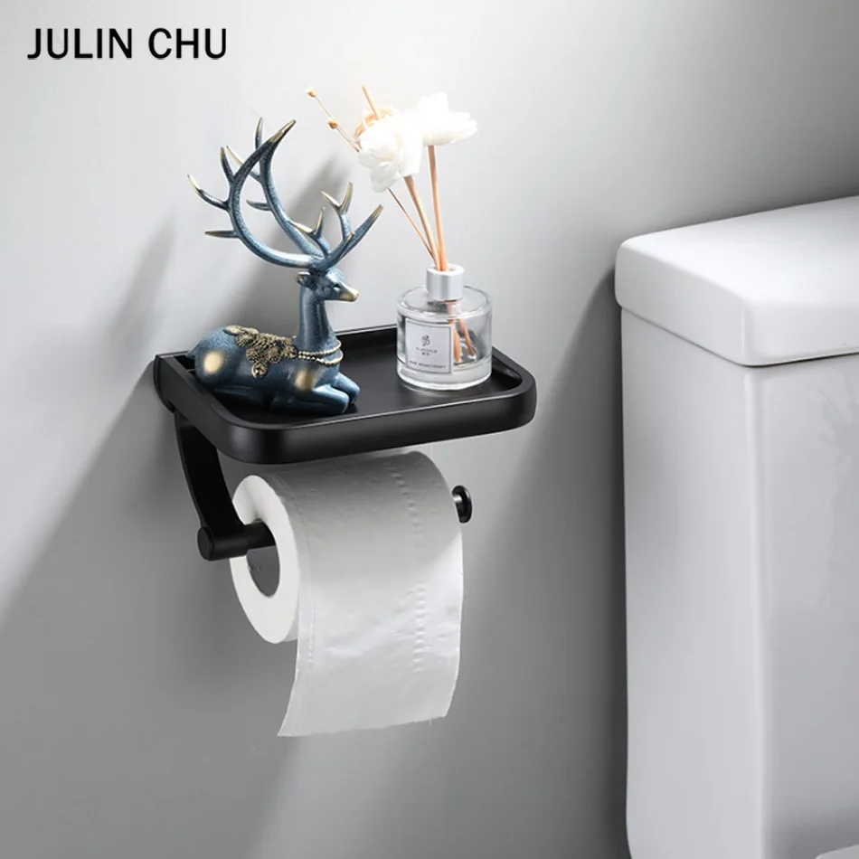 

WC Paper Towel Toilet Paper Holder With Phone Shelf Wall Mount Kitchen Bathroom Rack Tissue Storage Roll Shelf Space Aluminium