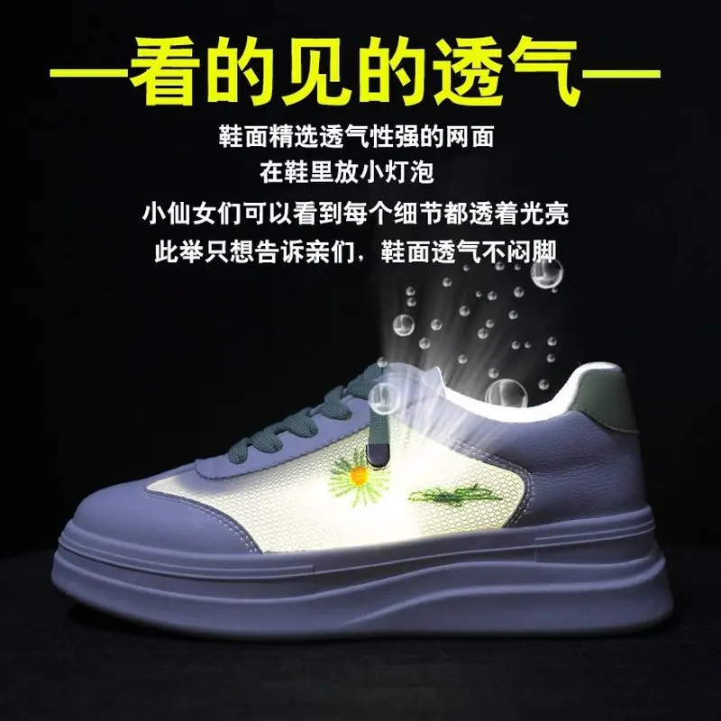 

New Student Flat Running Shoes Sneakers Breathable Air Mesh White Vucanized Shoes Woman Flats Autumn Lace Up Flower Women Shoes