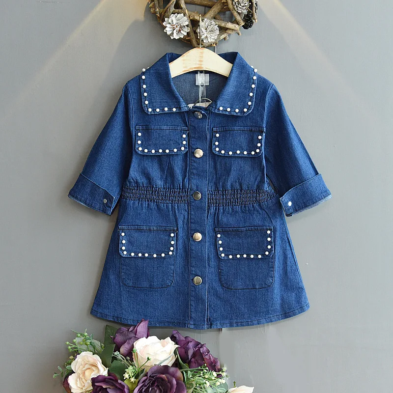

Kids Clothes Fall Girls Denim Dress 2022 New Spring Autumn Long-sleeved Dress Beaded Princess Dress Vestidos Baby Girl Dress