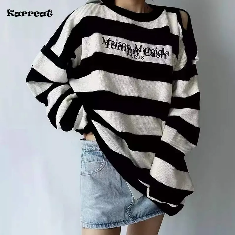 

Женский свитер, пуловеры, новинка сезона осень-зима 2021, уличная одежда, повседневная свободная одежда в полоску с вышитыми буквами, корейски...