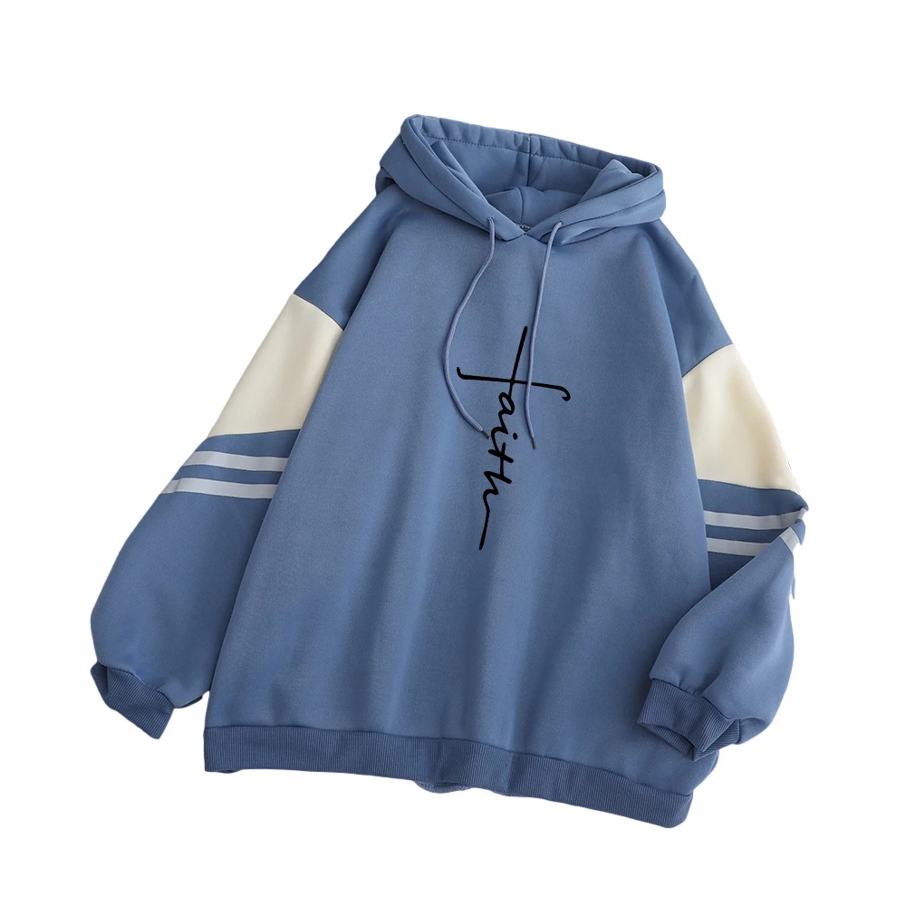

Women's Hooded Sweatshirt y2k Fleece Spell Color Stitch Loose Casual Crative Faith Letter Printed Harajuku Hoodies Woman Clothes
