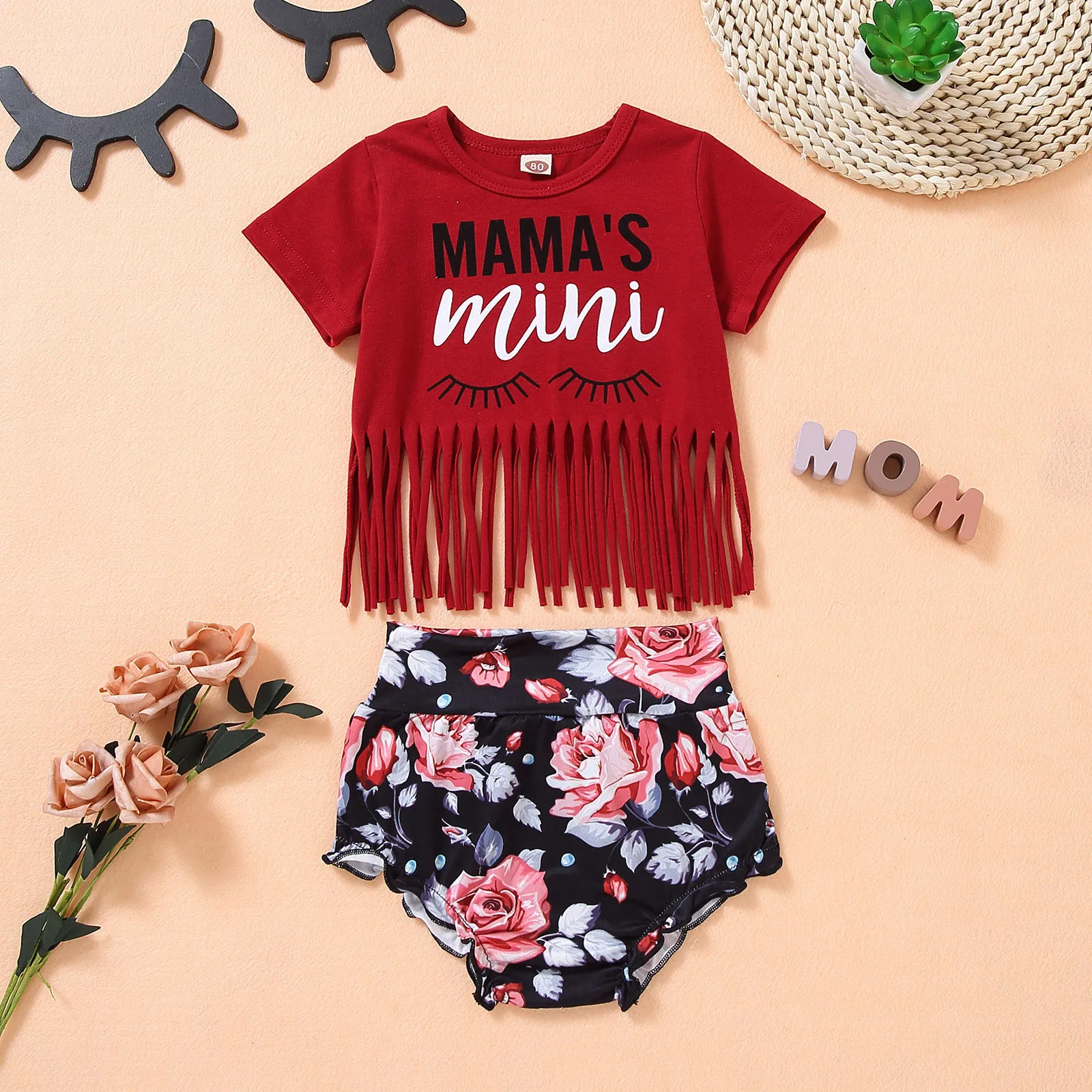 

2Pcs Newborn Baby Summer Outfits, Short Sleeve Letter Print Tassel Tops + Floral Shorts Outfits Sets Baby Girls Clothing Sets