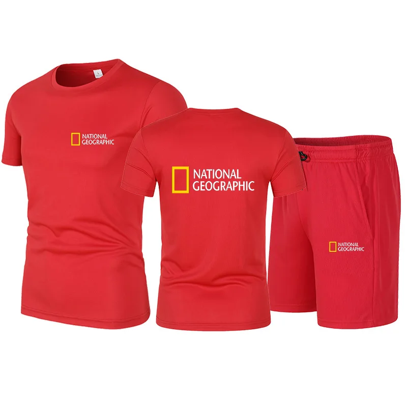 

2021 summer fashion and leisure National Geographic magazine men's suit track and field sports short-sleeved T-shirt 2-piece set