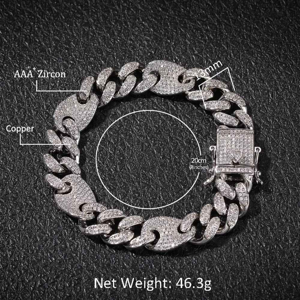 Микро Pave AAA CZ Камень круглые кубинские кофейные бобы цепи браслеты для мужчин хип хоп Bling Iced Out CZ Rapper ювелирные изделия золото серебро