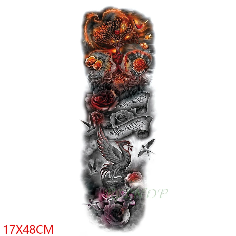 Водостойкая Временная тату-наклейка цветок Феникс птица девушки бабочка на всю