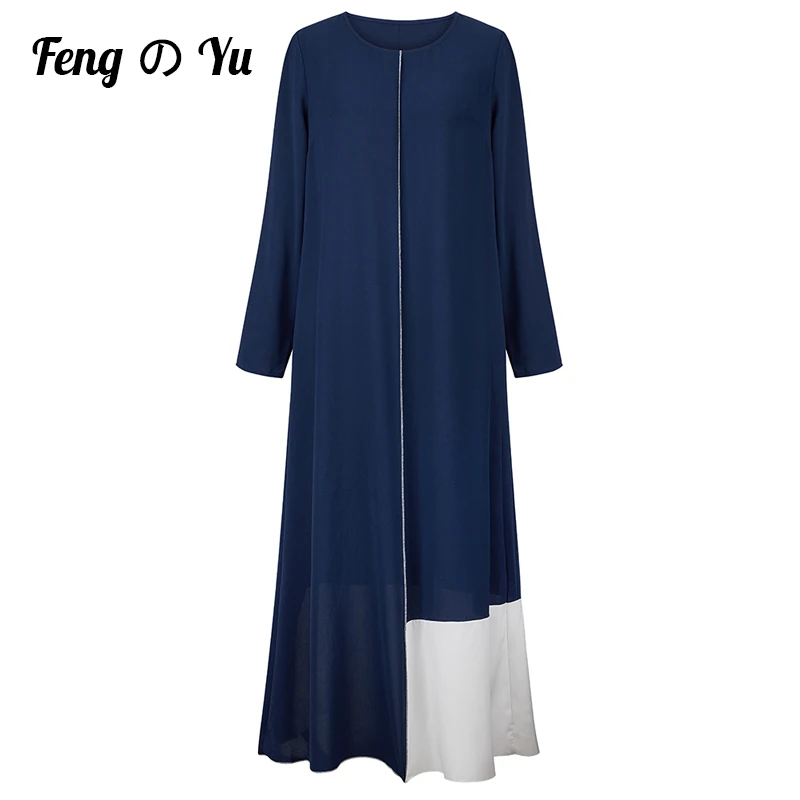 

Muslim Ladies Round Neck Robe Skirt White Stitching Dress Arab Elegant Blue Long-Sleeved Dress Dubai Turkish Lslamic Clothing