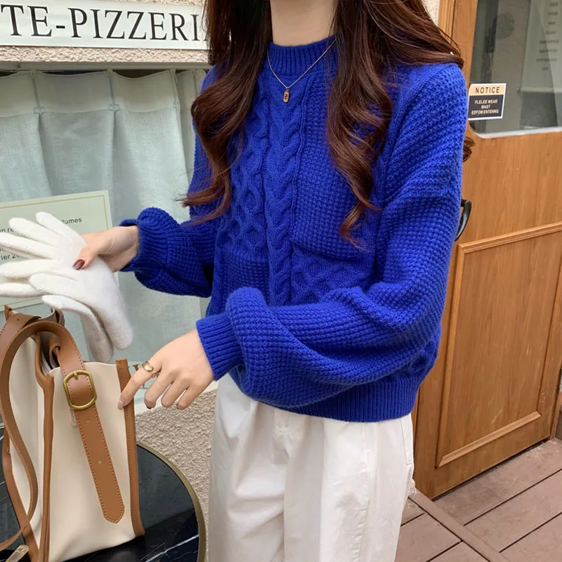 

2021 autumn and winter new style Klein blue padded sweater round neck pullover blouse women