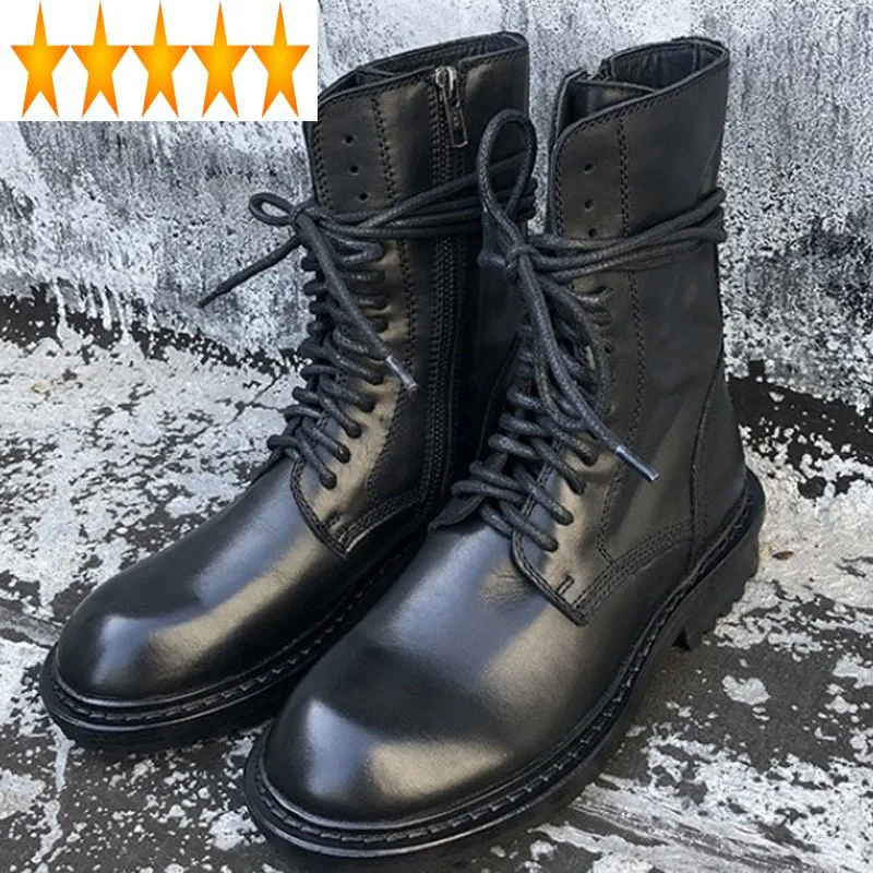 Dedo do pé Meados de Bezerro Womens Vintage Couro Britânico Genuíno Cavaleiro Cruz Gravata Zip Redondo Motocicleta Grosso Fundo Preto Botas