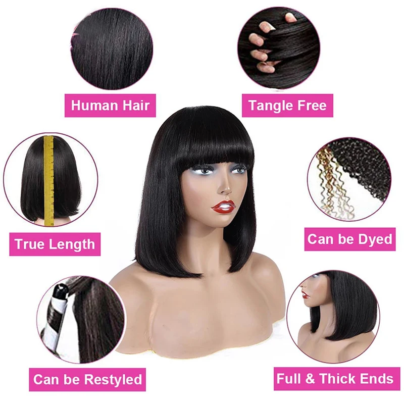 

A&R 16 inch Brazilian Straight Bob Human Hair Wigs With Bang Full Machine Wig Remy Human Hair Short Bob Wigs For Black Women