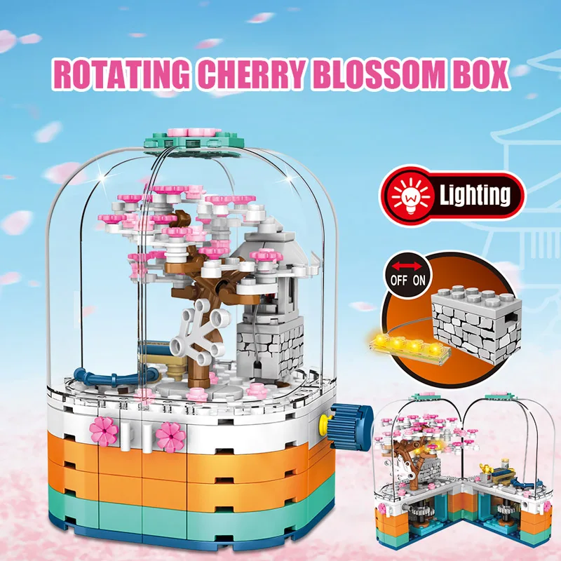 SEMBO Creative LED Light Rotating Box Building Blocks Friends City Street View Cherry Blossom House Tree Bricks Toys for Kids | Игрушки и